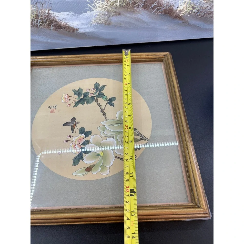 Vintage Chinese Silk Painting Butterfly Magnolia Flowers Gold Frame 13.5x13.5
